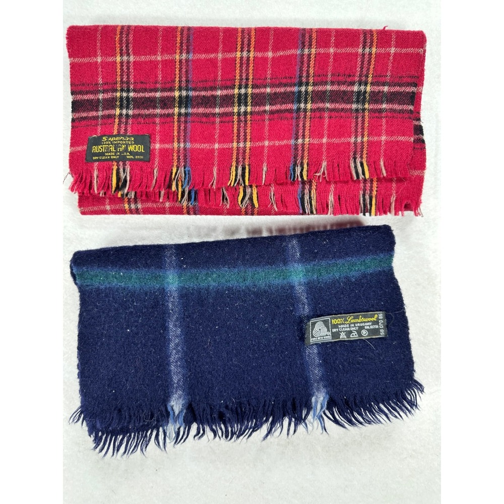 Vintage Wool Scarf Bundle Superba Australian Wool Red Plaid & Navy Lambswool